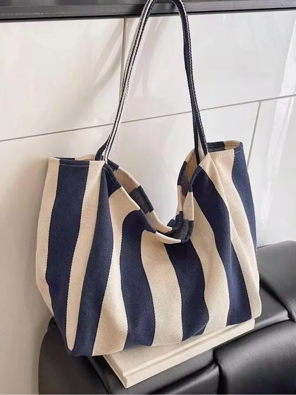 New Navy Blue Striped Canvas Tote Shoulder Bag